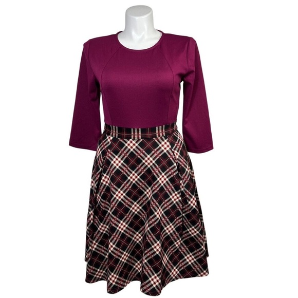 MISSMNY RETRO VINTAGE BURGUNDY PLAID A-LINE SKIRT DRESS ZIP BACK WOMEN’S SIZE L - Picture 1 of 8